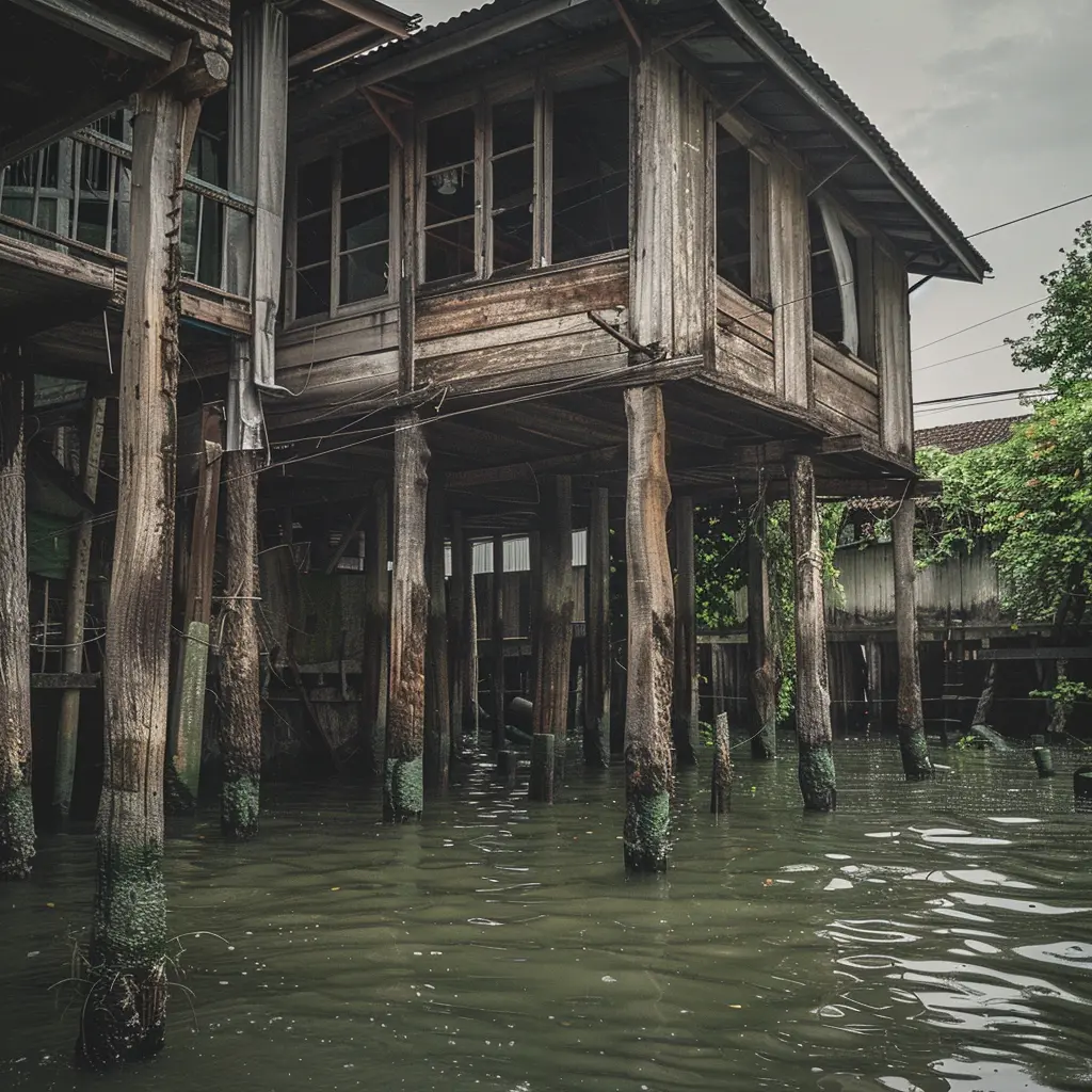 Weathered wooden stilt house on a canal, reflecting Bangkok heritage.