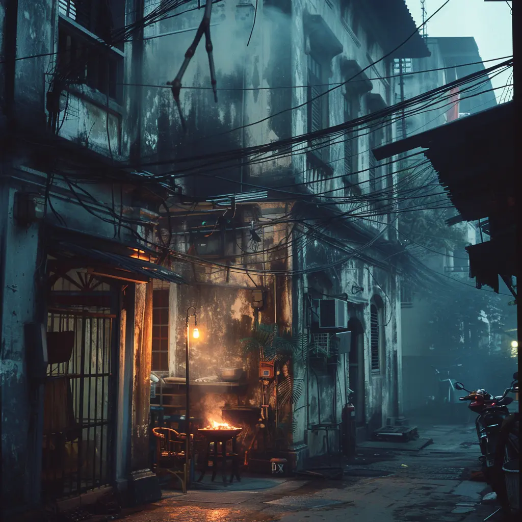 Bangkok heritage: Dimly lit alley with wires, fire, and motorcycle.