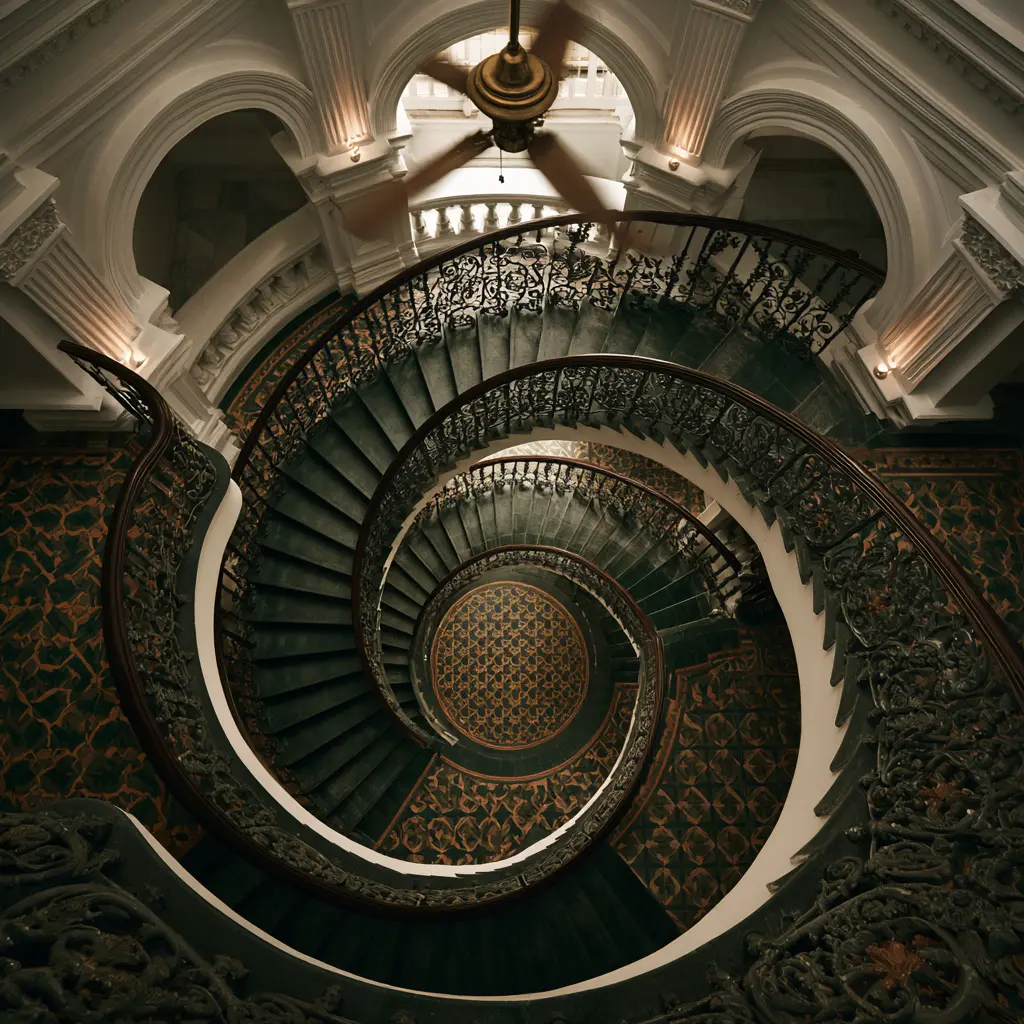 Luxury spiral staircase with ornate railings in a heritage hotel