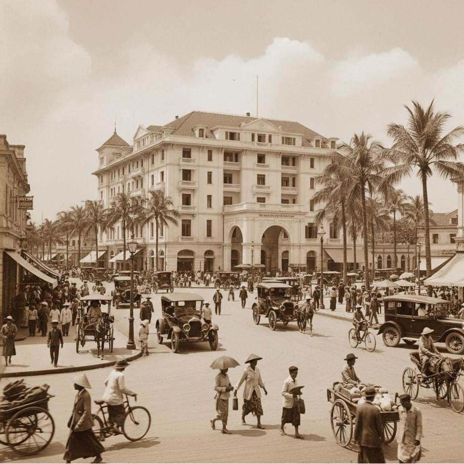 Historic street scene in Southeast Asia with a grand colonial heritage hotel, cars, and pedestrians.