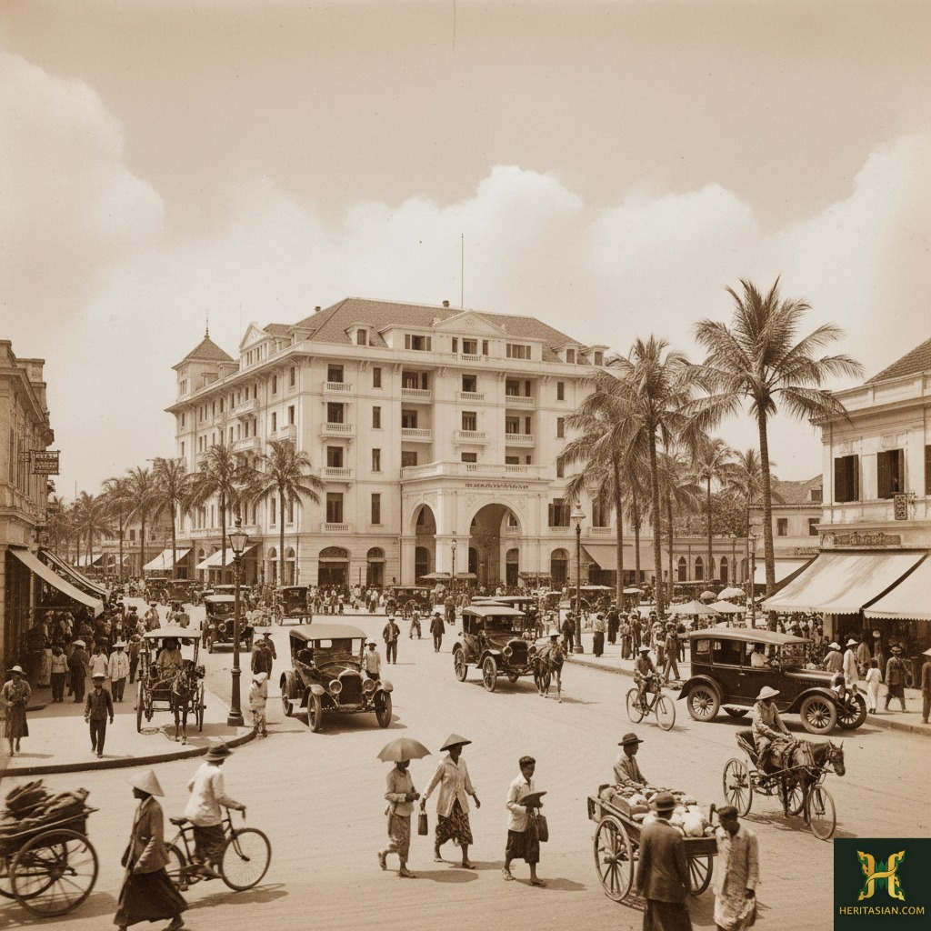 Historic street scene in Southeast Asia with a grand colonial heritage hotel, cars, and pedestrians.