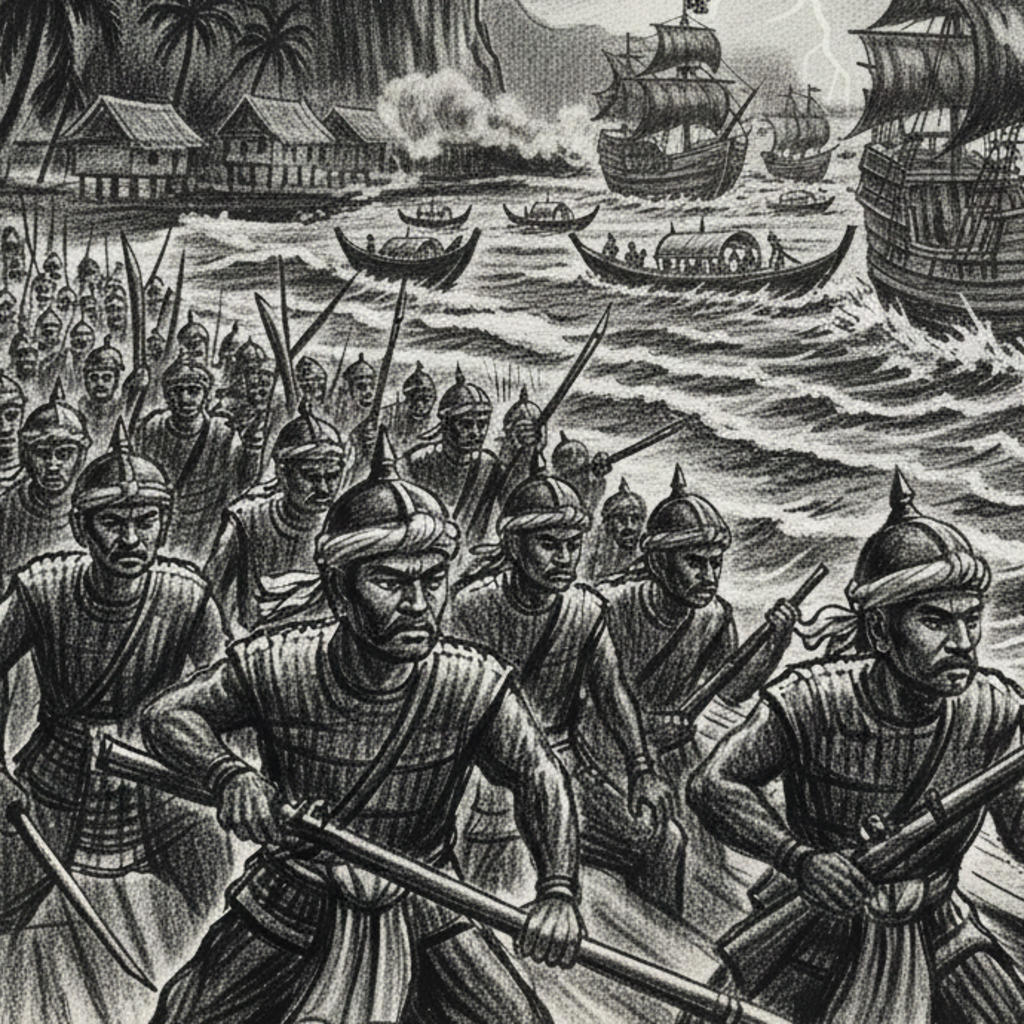Warriors clash on a Langkawi beach, illustrating the island's history. Palm trees and traditional huts are visible.