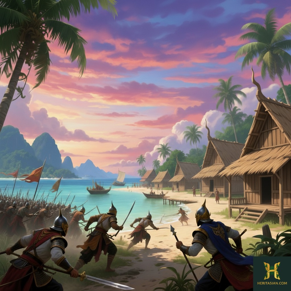 Warriors clash on a Langkawi beach, illustrating the island's history. Palm trees and traditional huts are visible.