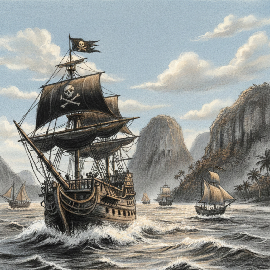 Pirate ships sailing in Langkawi, Malaysia at sunset. Exploring Langkawi history.