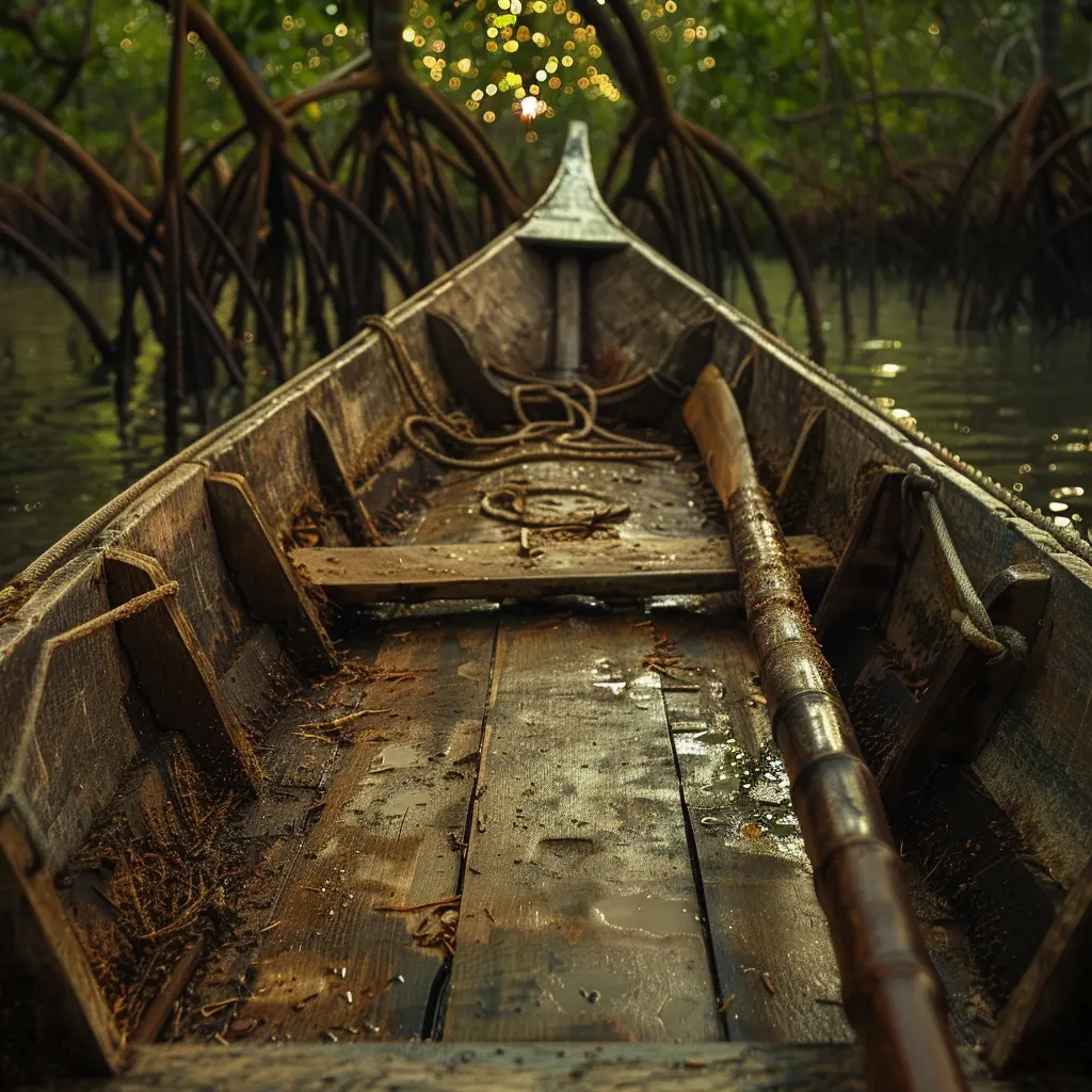 Wooden boat navigating mangroves in the Straits of Malacca, rich in history.