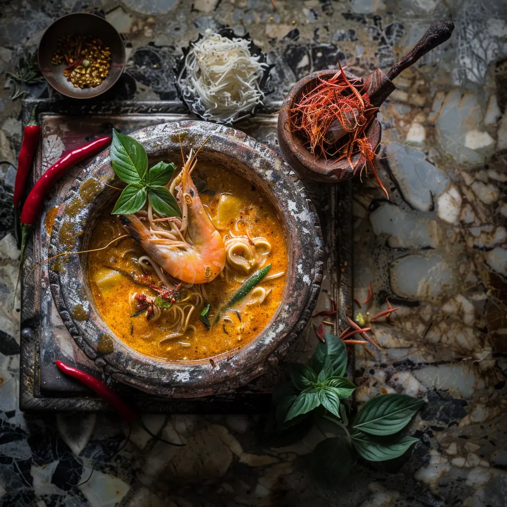 Laksa noodle soup with prawn, a dish from the Straits of Malacca.