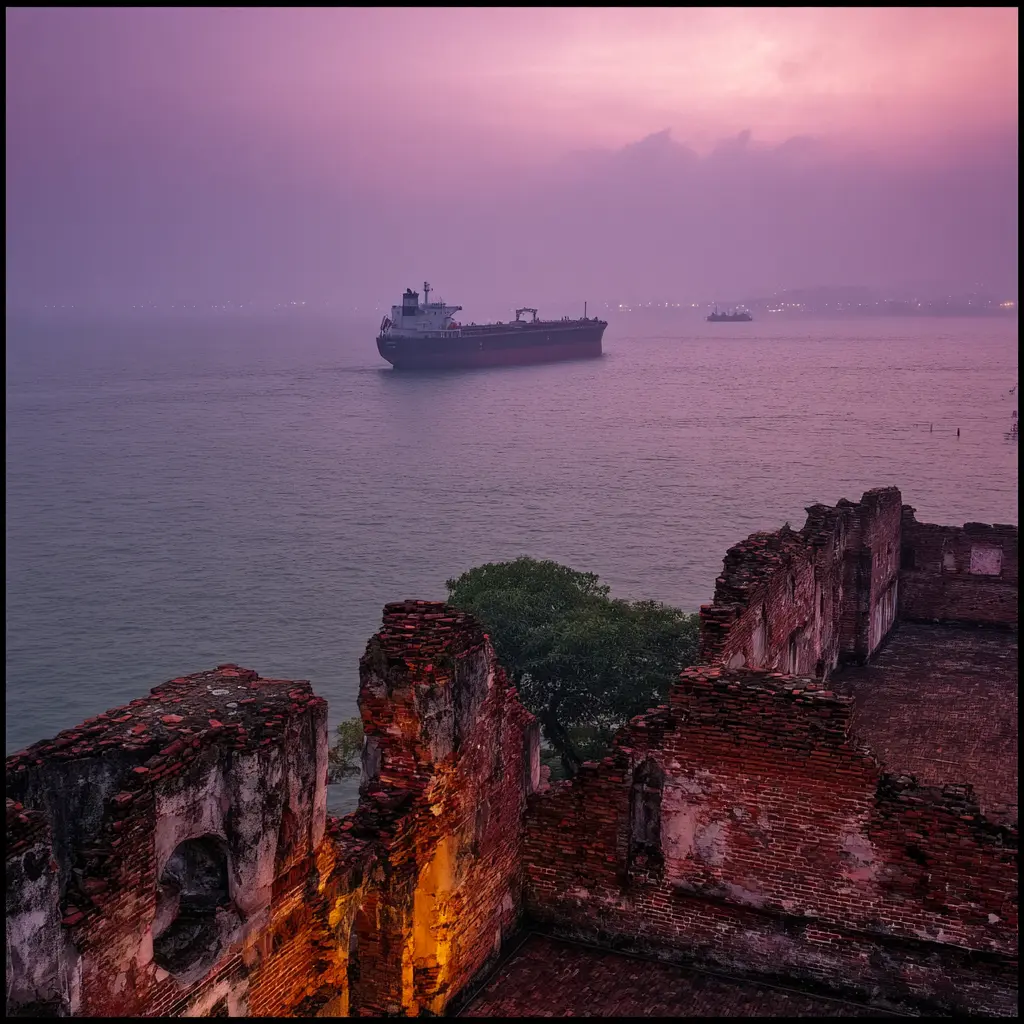 Cargo ship in Straits of Malacca at dusk, viewed from ancient ruins