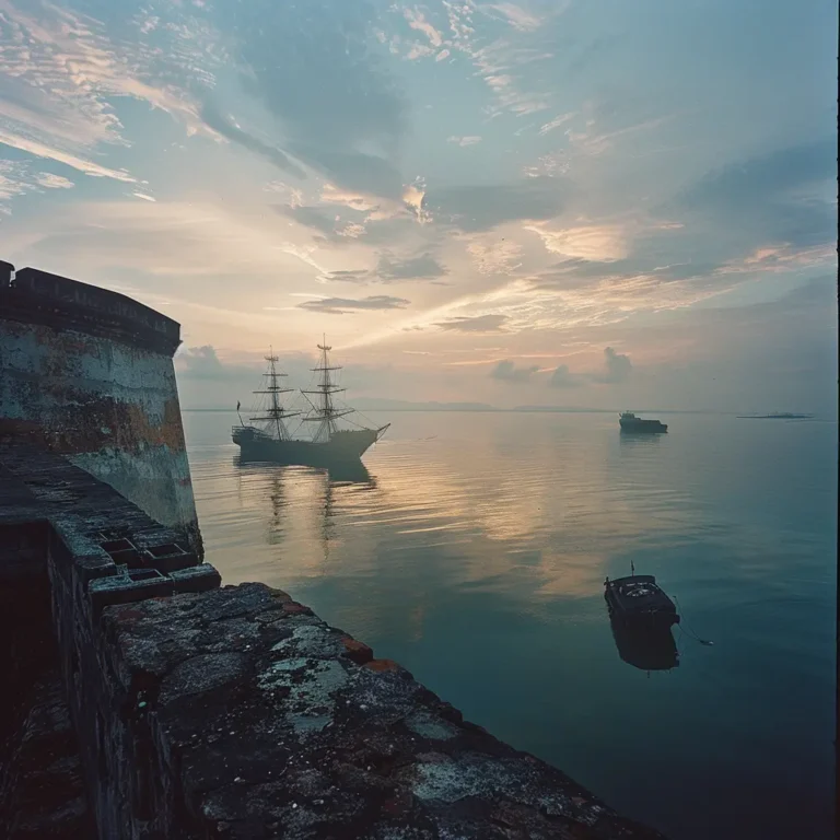 Historic sailing ship in the Straits of Malacca at sunrise, a heritage highway.
