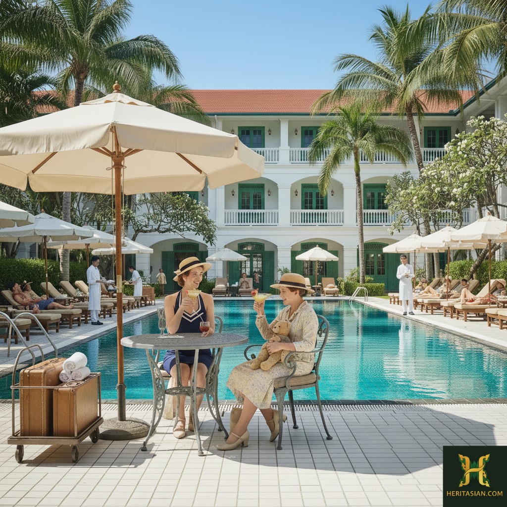 Two women enjoying poolside drinks at a luxury hotel with palm trees. Booking an experience, not just a stay.