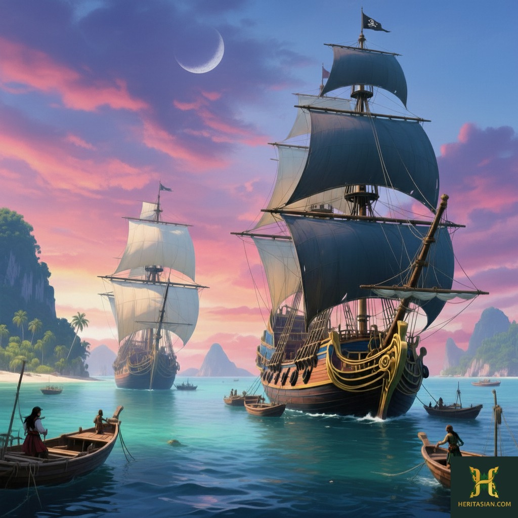 Pirate ships sailing in Langkawi, Malaysia at sunset. Exploring Langkawi history.