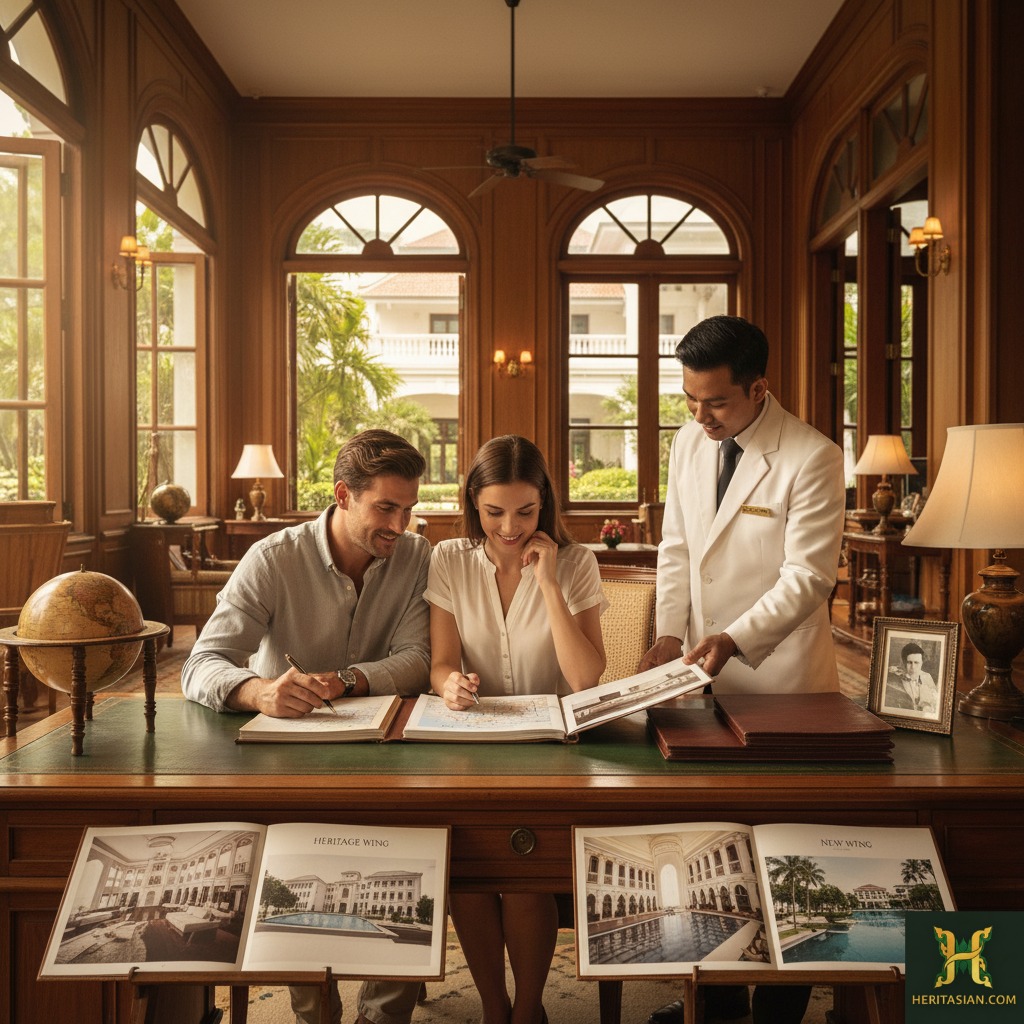 Couple reviewing brochures with hotel staff at a Colonial Heritage Hotel in South East Asia.