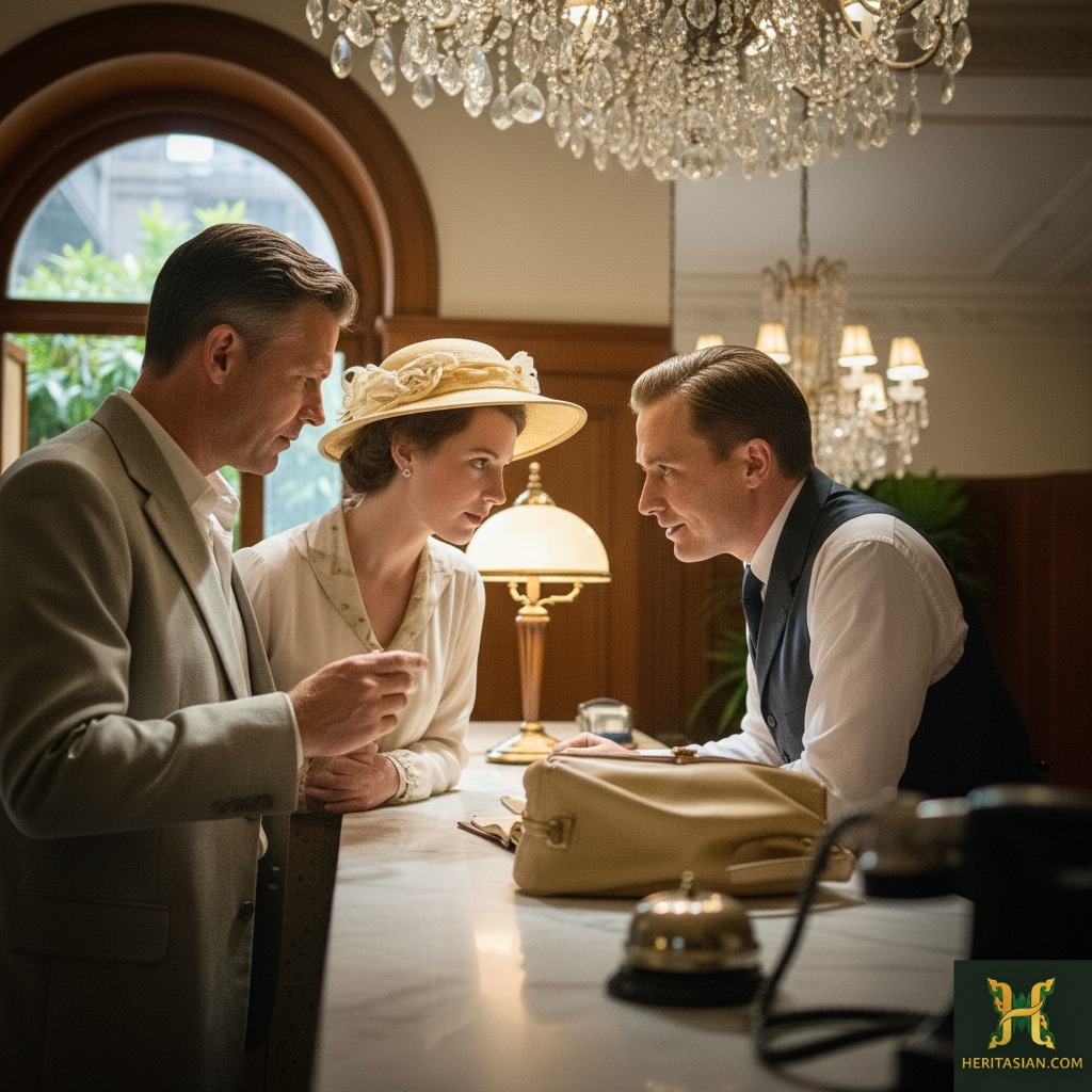 Hotel scene: Woman in hat checks in with two men at the front desk, chandelier overhead.