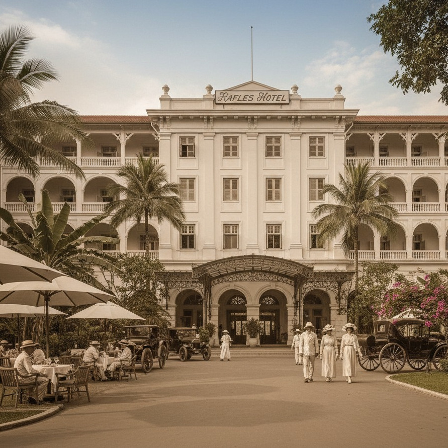 Raffles Hotel, a Colonial Heritage Hotel in Southeast Asia, with guests arriving by car and carriage.