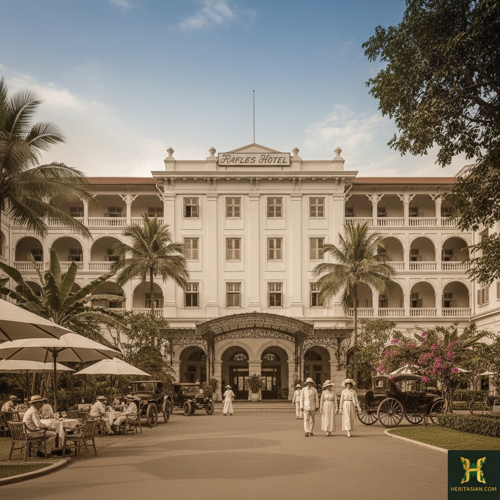 Raffles Hotel, a Colonial Heritage Hotel in Southeast Asia, with guests arriving by car and carriage.
