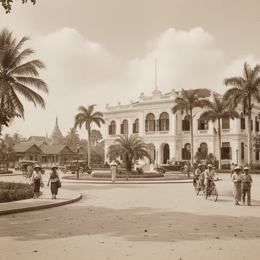 Colonial heritage building in South East Asia with palm trees and people walking.