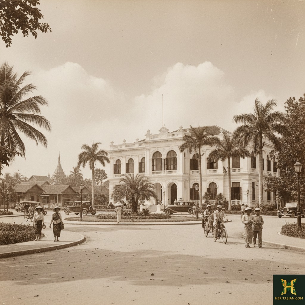 Colonial heritage building in South East Asia with palm trees and people walking.