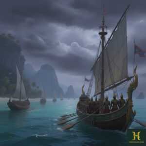 Ancient ships sailing near Langkawi's coast, possibly depicting Langkawi history with armed warriors under a stormy sky.