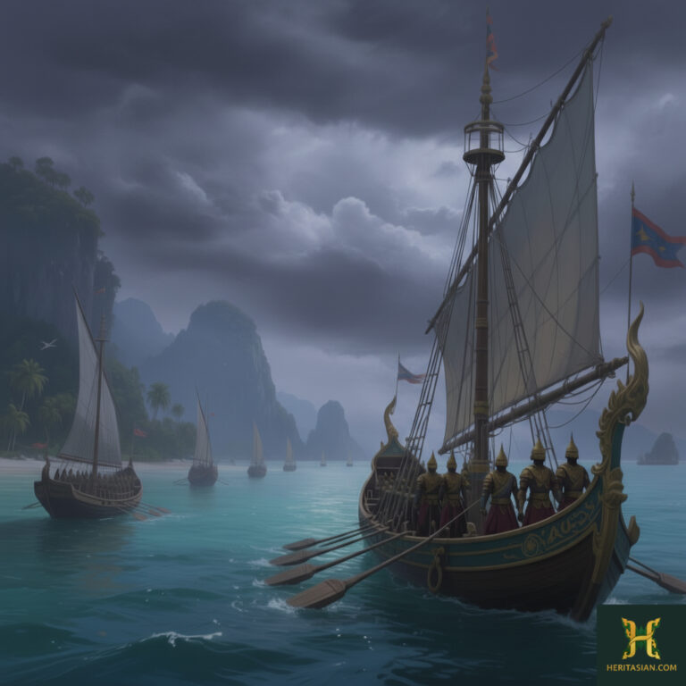 Ancient ships sailing near Langkawi's coast, possibly depicting Langkawi history with armed warriors under a stormy sky.