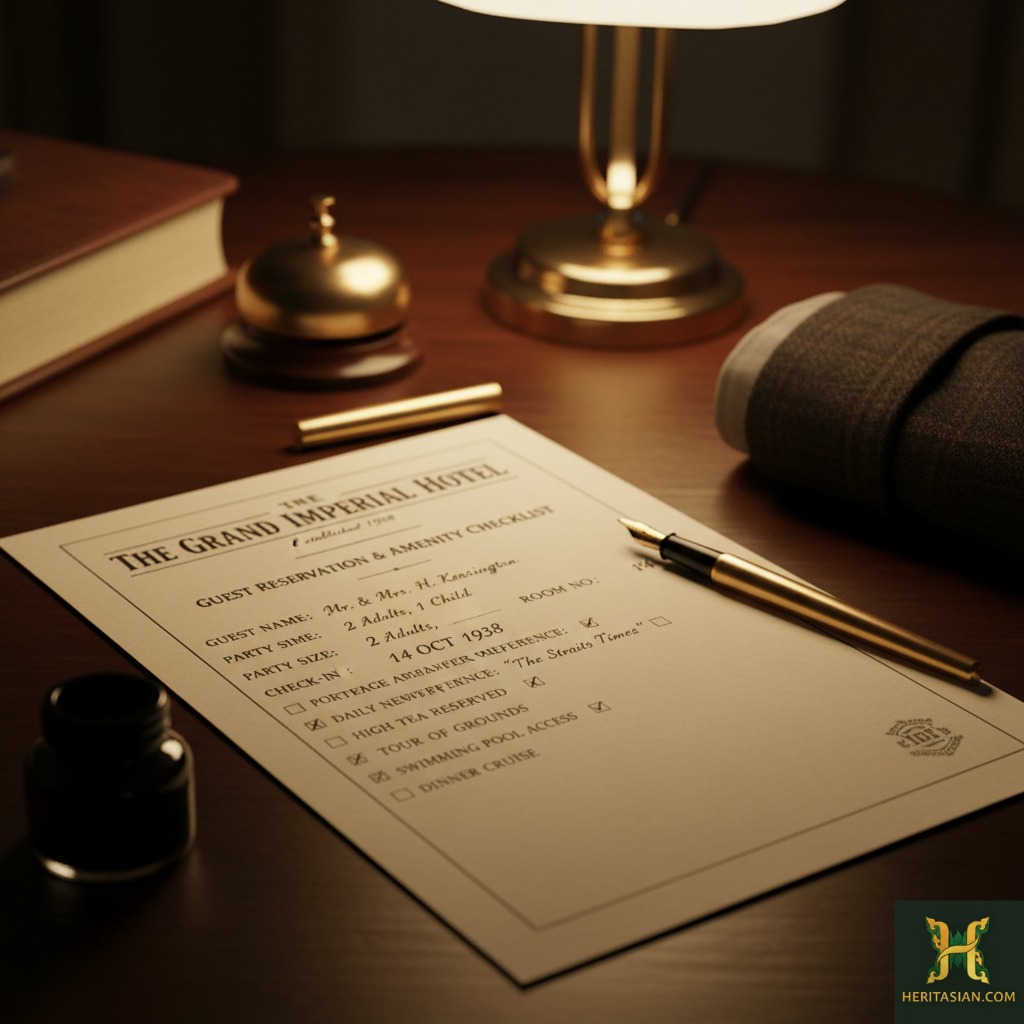 Hotel reservation checklist at The Grand Imperial Hotel, circa 1938. Booking an experience.