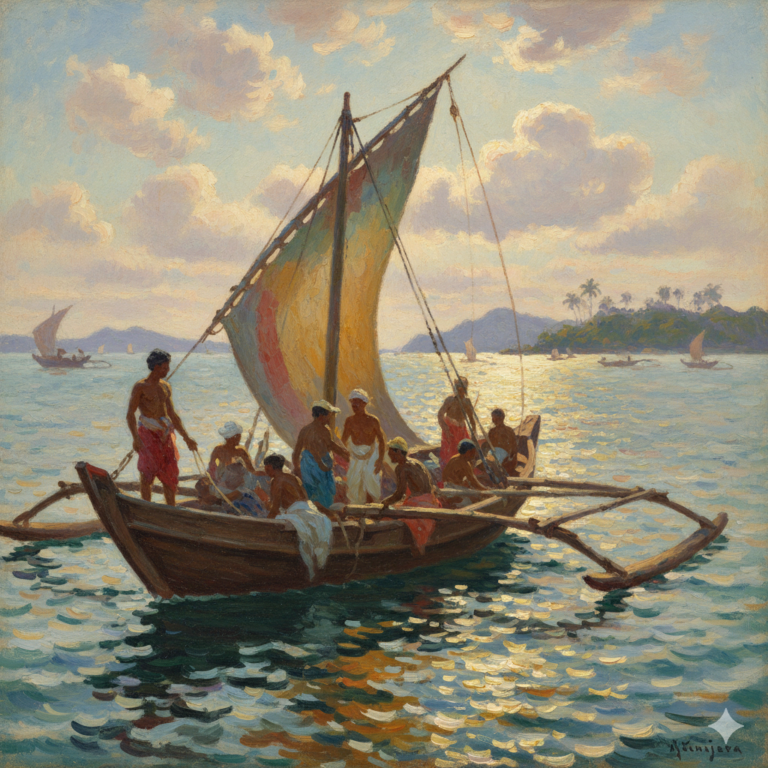 Boat with people sailing in the Straits of Malacca, with islands and other boats in the background.