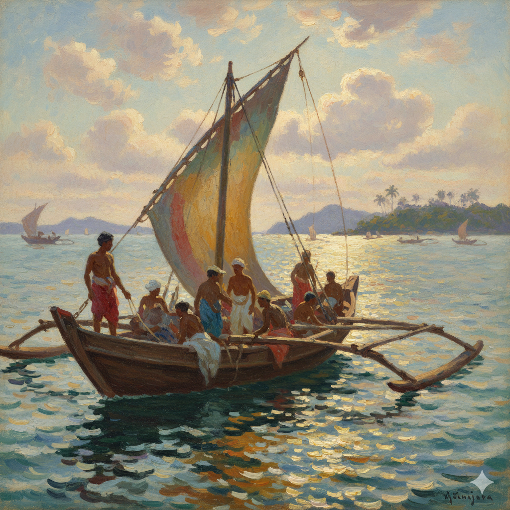 Boat with people sailing in the Straits of Malacca, with islands and other boats in the background.