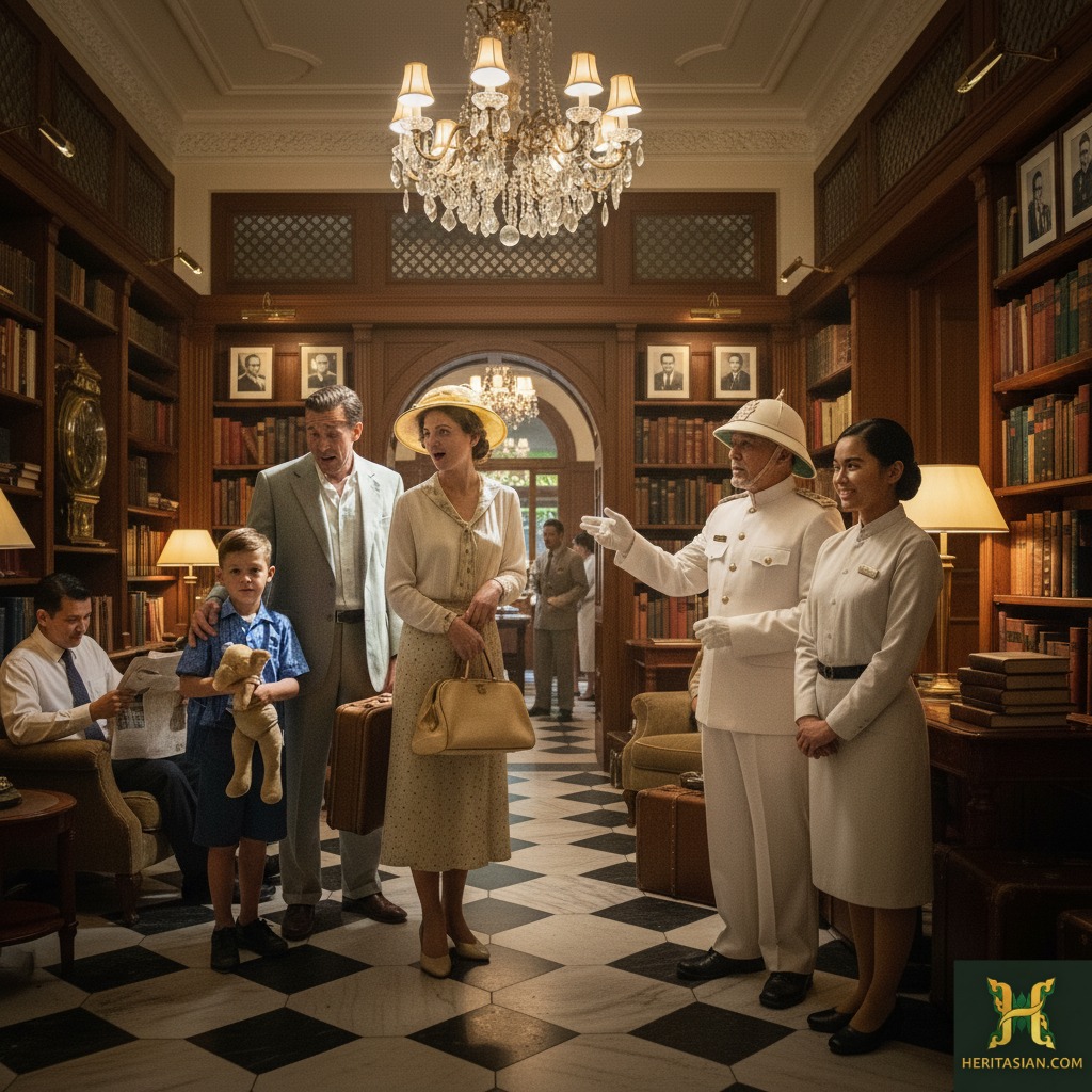 Family checking into a grand hotel with a library, evoking a luxurious travel experience.