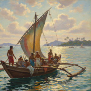 Malacca Straits: Sailboat with crew, sunlight on water