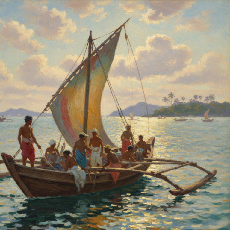 Malacca Straits: Sailboat with crew, sunlight on water