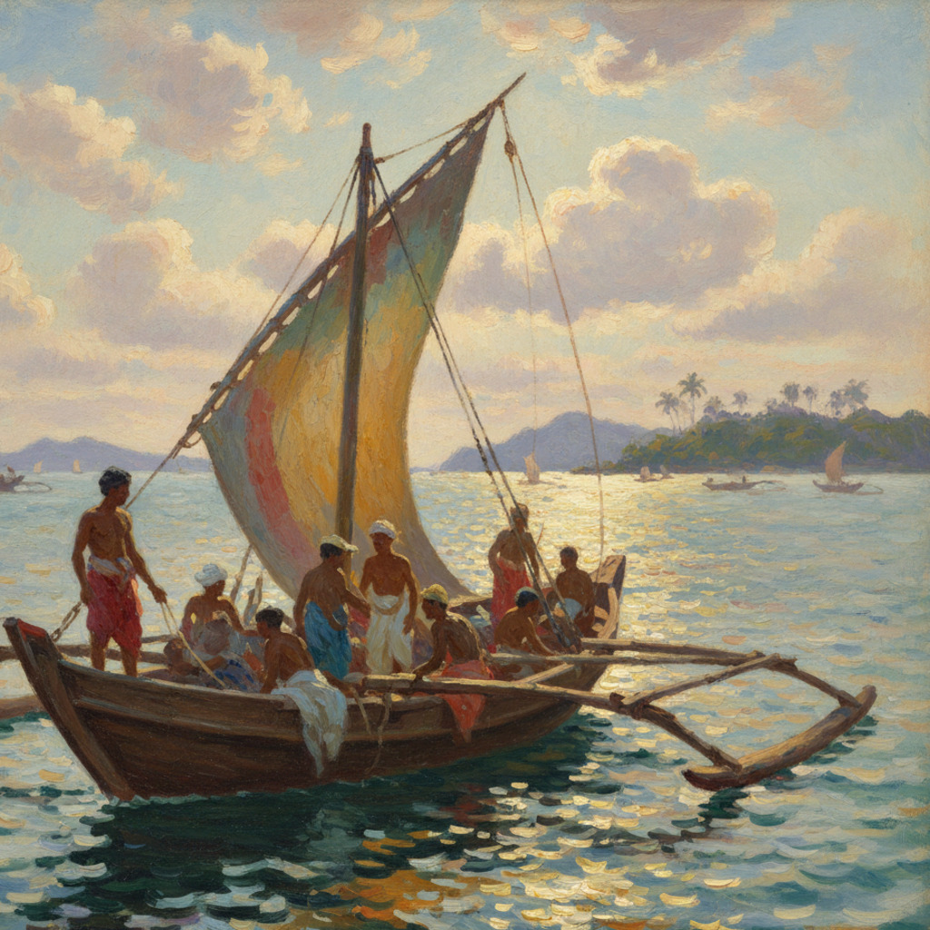 Malacca Straits: Sailboat with crew, sunlight on water