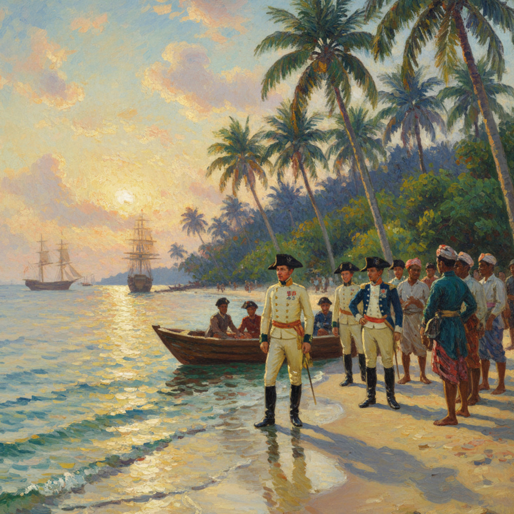 Straits of Malacca history: Colonial scene with British officer and local dignitaries by the sea.