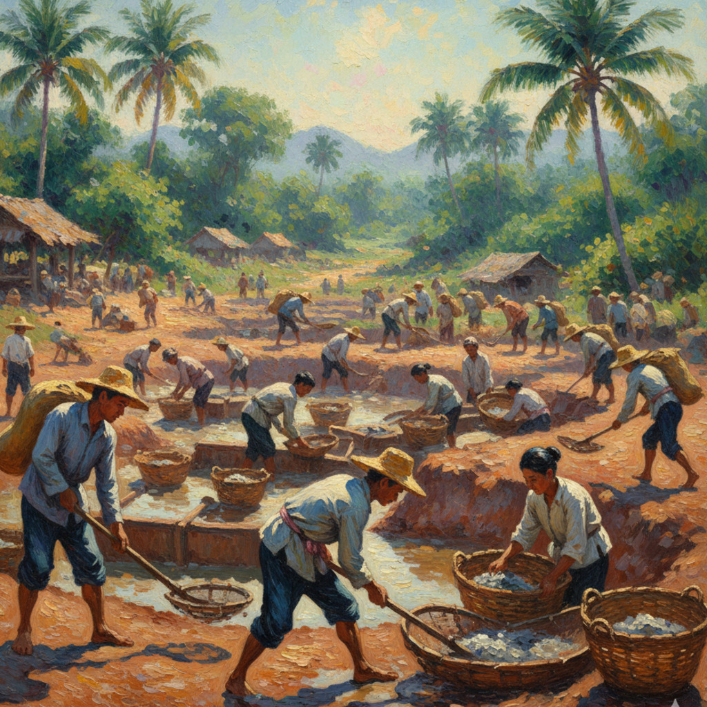 Straits of Malacca history: Men panning for gold in a historical Southeast Asian setting.