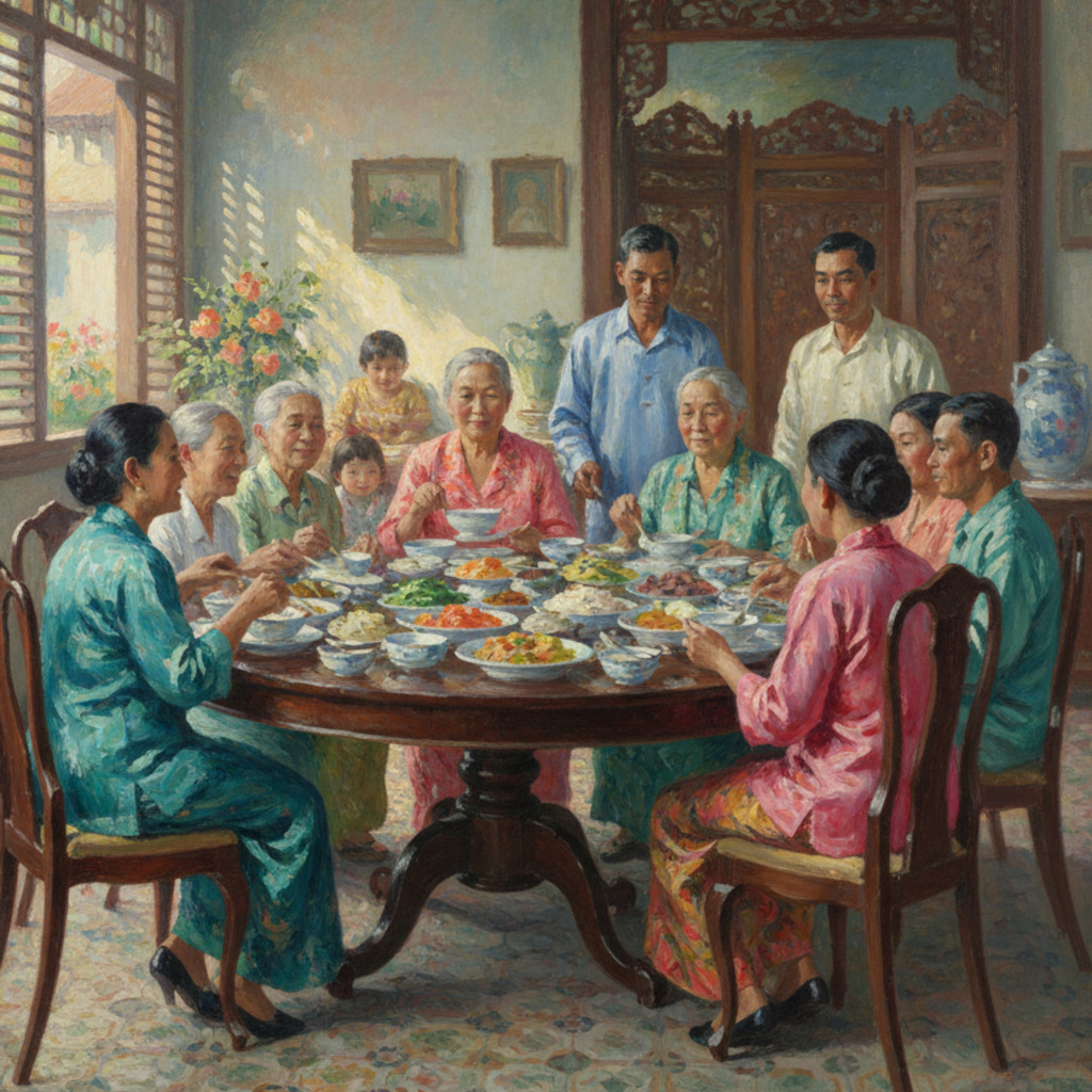 Family in traditional clothing at a table, reflecting Straits of Malacca history and heritage.