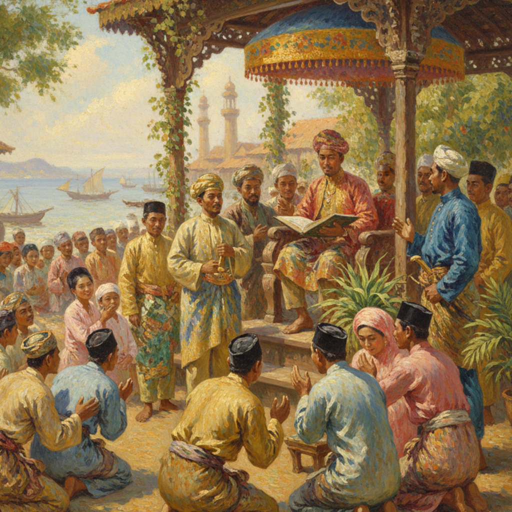Straits of Malacca history: A ruler in a grand hall surrounded by advisors and onlookers.