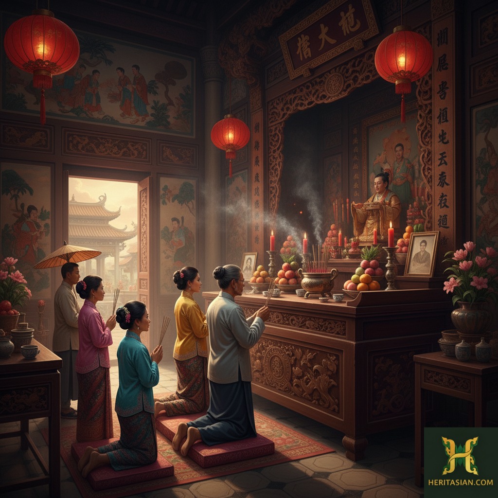 Family praying at a shrine in Phuket, honoring ancestors with offerings and incense. Traditional Thai culture.