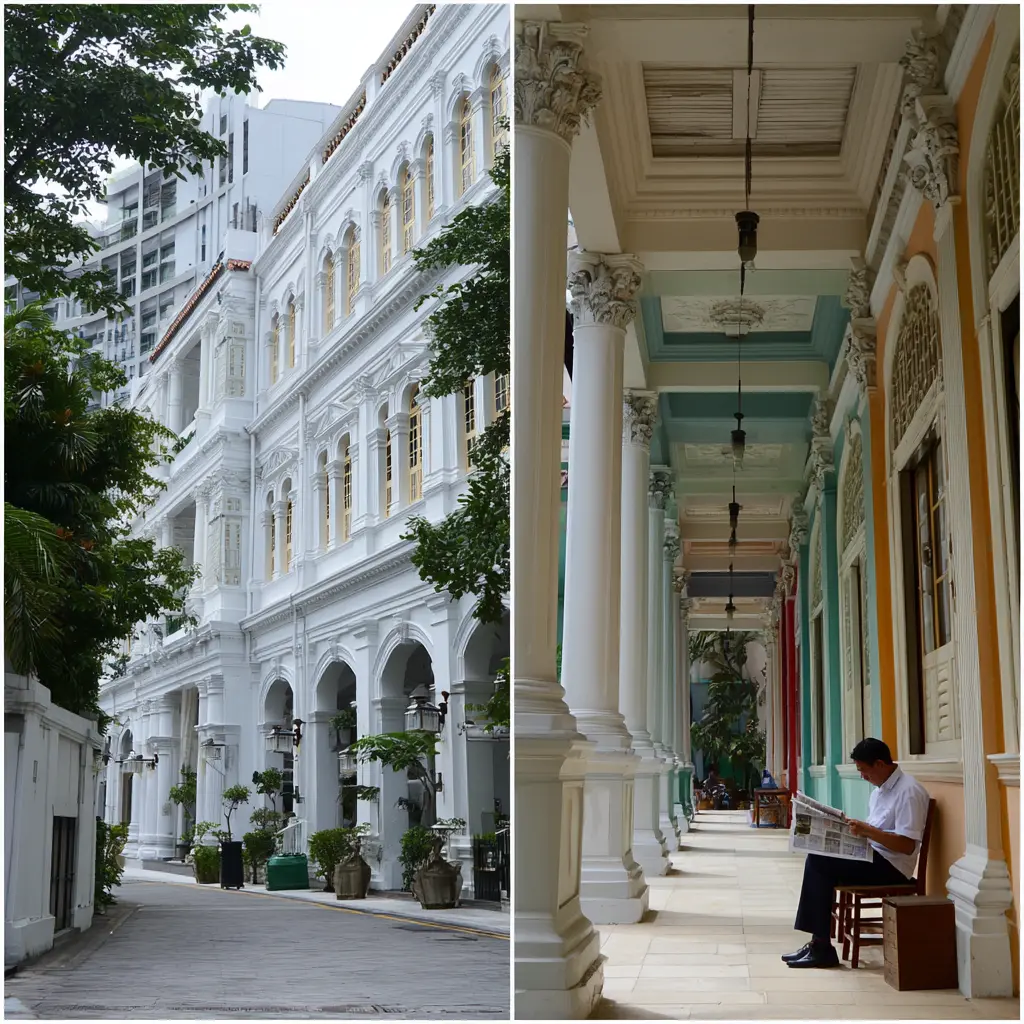 Southeast Asia heritage stays: Shophouse facade with "Social Intimacy" vs. colonial hall with people.