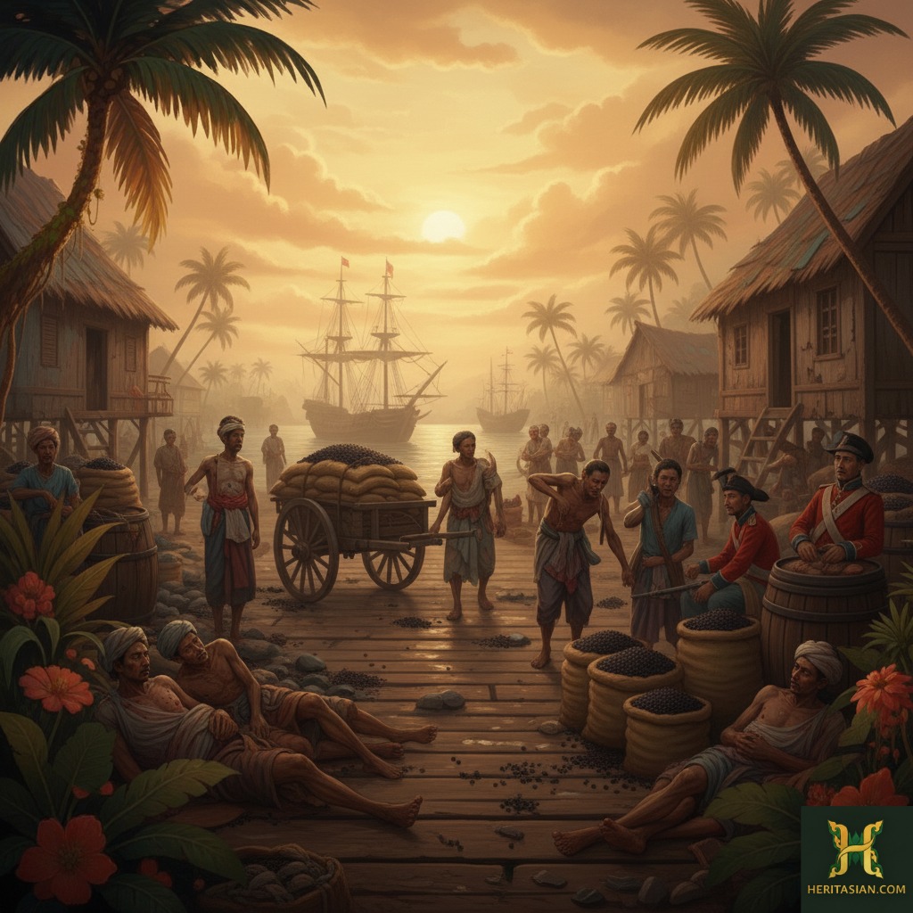 Historical illustration of a bustling port with ships and workers, possibly related to Sir Stamford Raffles.