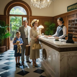Family checking into a heritage hotel, receiving keys from the receptionist. Heritage hotel booking guide.