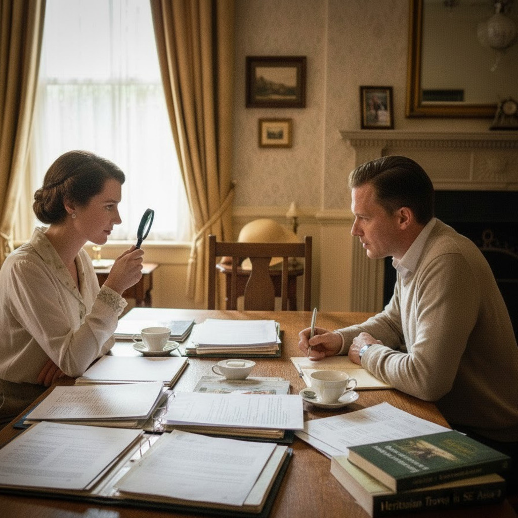 Researchers examine documents with magnifying glass, researching heritage hotels in SE Asia.