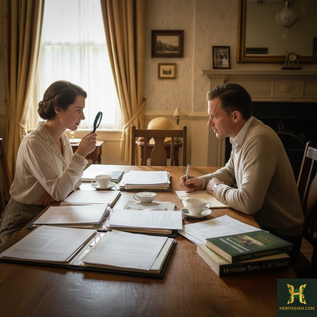 Researchers examine documents with magnifying glass, researching heritage hotels in SE Asia.