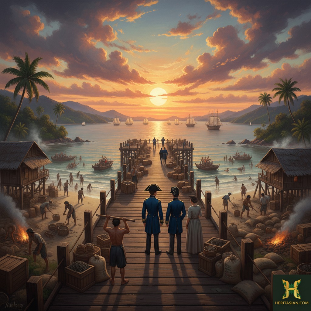 Sunset view of a colonial-era port with ships and workers, reflecting Sir Stamford Raffles' influence.