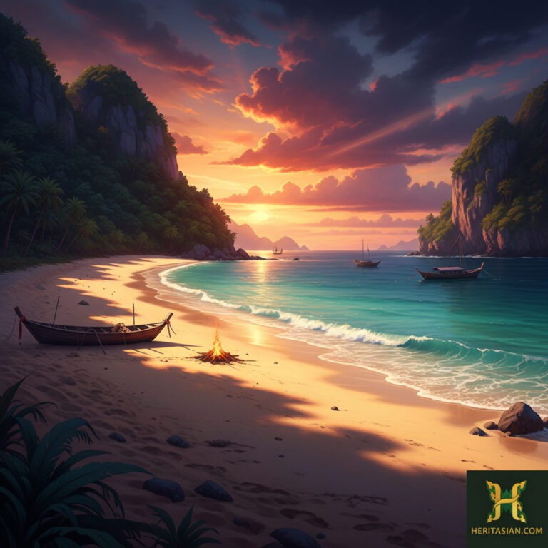 Sunset at a tropical Phuket beach with a bonfire and traditional Thai boats offshore.