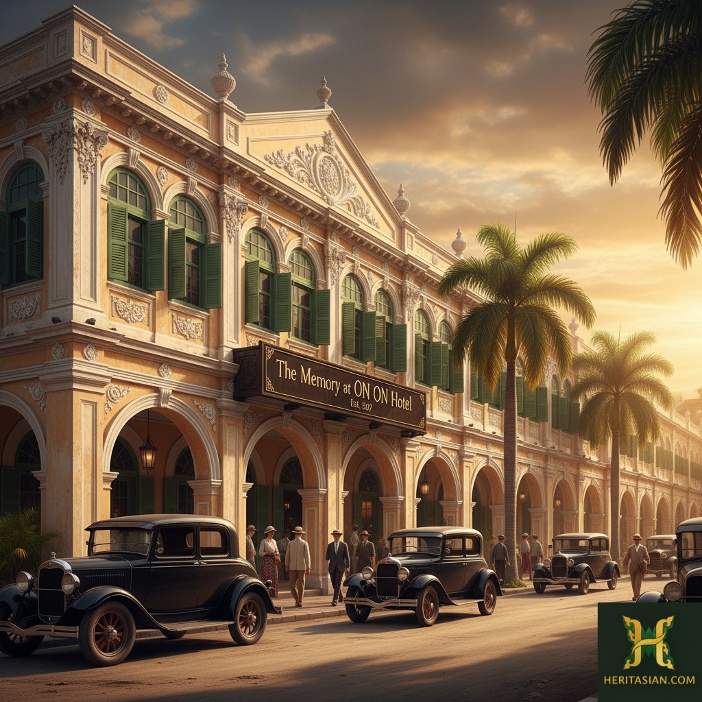 Vintage cars line the street in front of The Memory at On On Hotel in Phuket, a historical site.