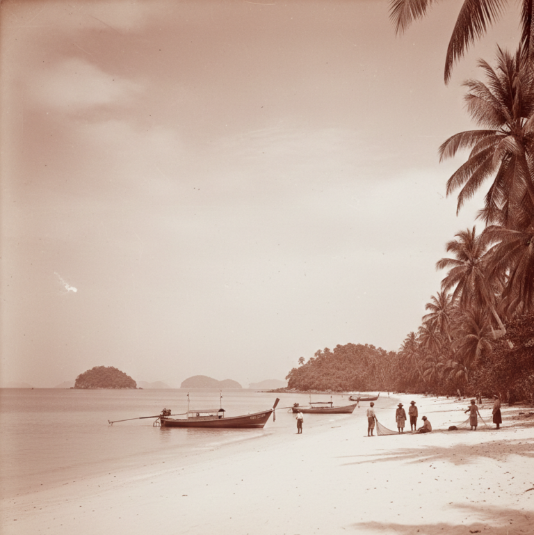 Sepia-toned beach scene in Phuket with longtail boats and people, reflecting historical sites of Phuket.