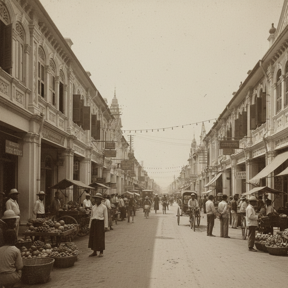 Historic Phuket street scene with traditional architecture, people in period clothing, and horse-drawn carriages.