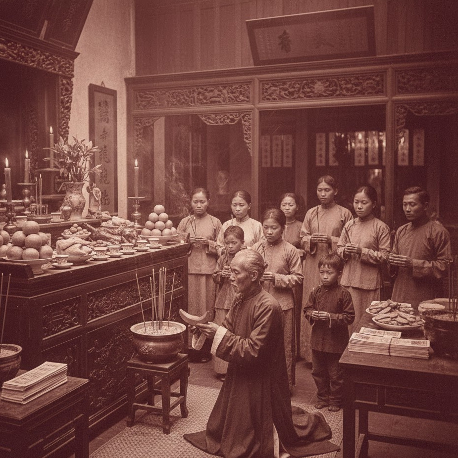Family praying at a shrine in Phuket, honoring ancestors with offerings and incense. Traditional Thai culture.