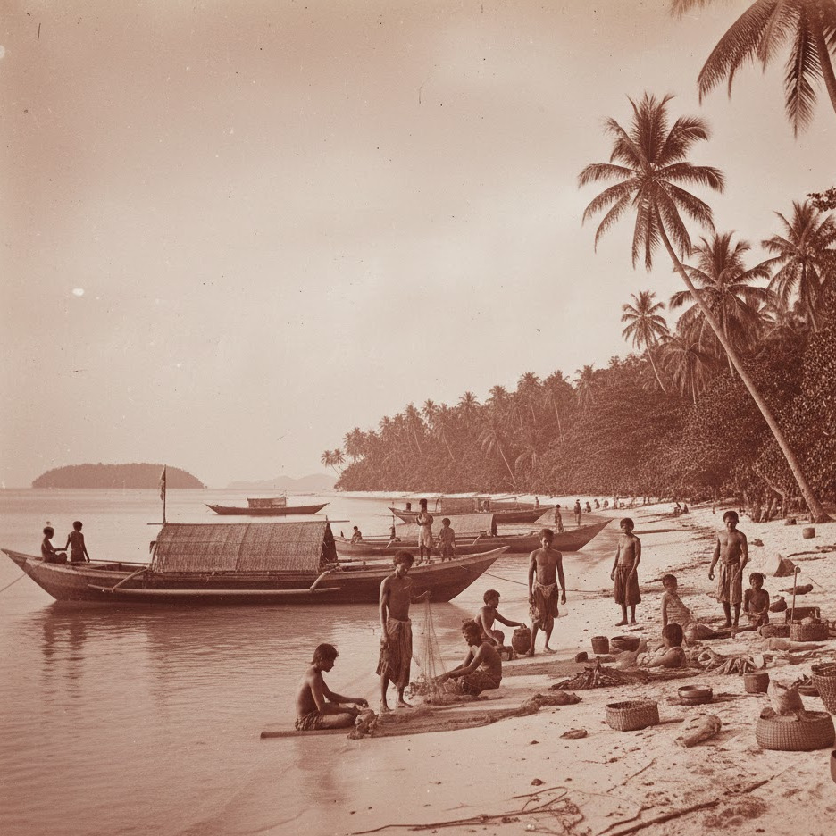 Thai woman on a boat cooking food with a fire, stunning sunset background