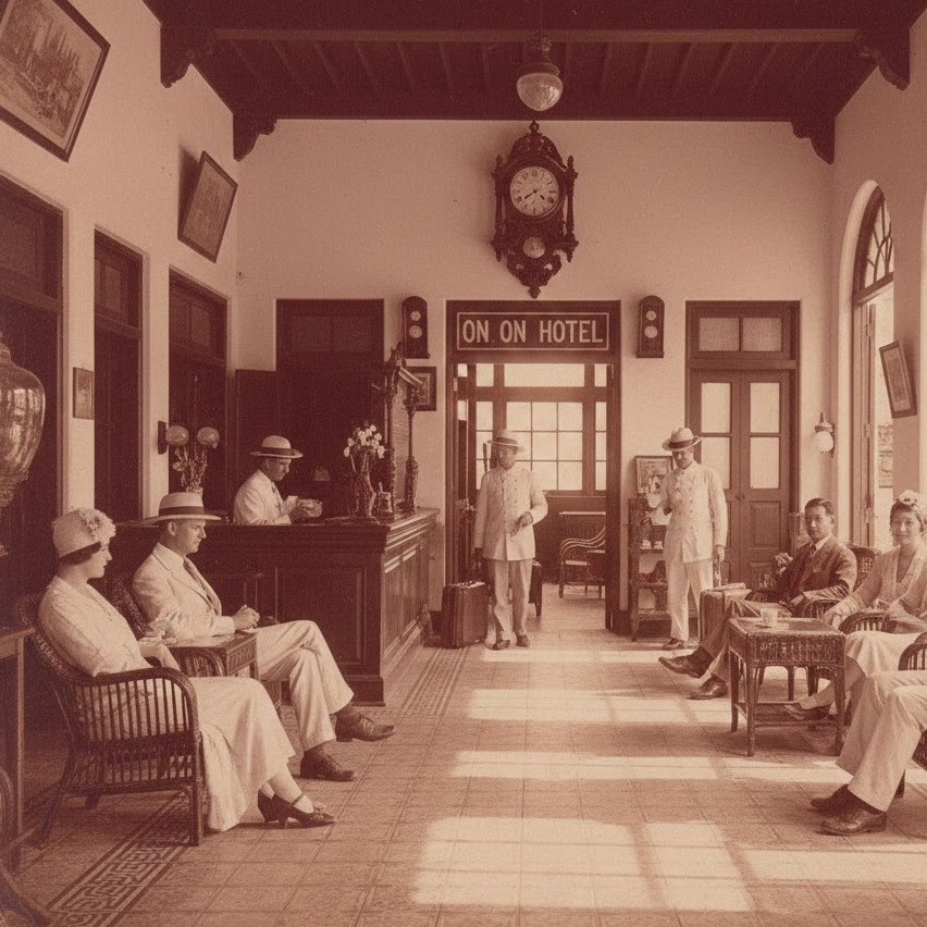 Vintage cars line the street in front of The Memory at On On Hotel in Phuket, a historical site.