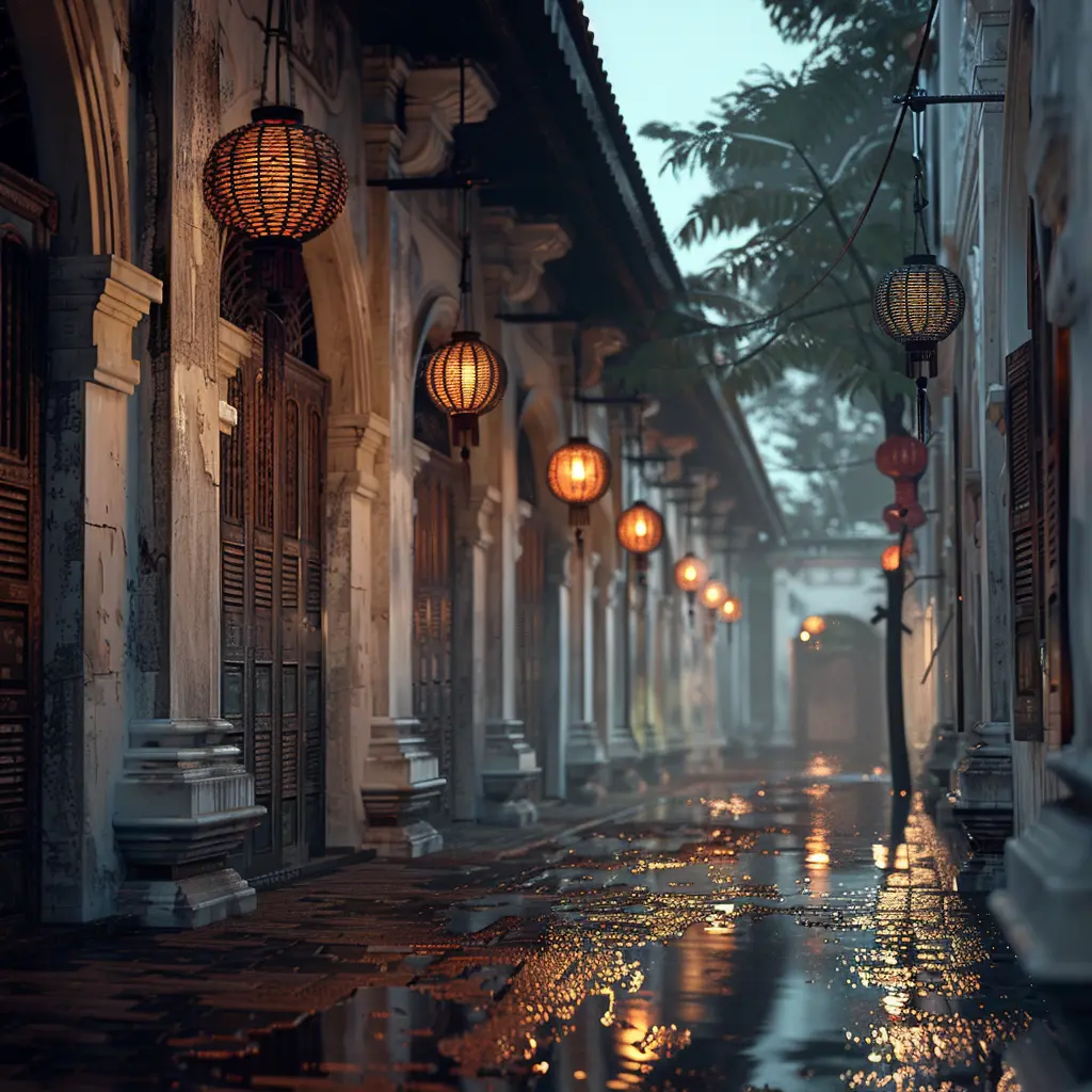 Rainy Phuket street at night, illuminated by traditional lanterns, part of historical sites.
