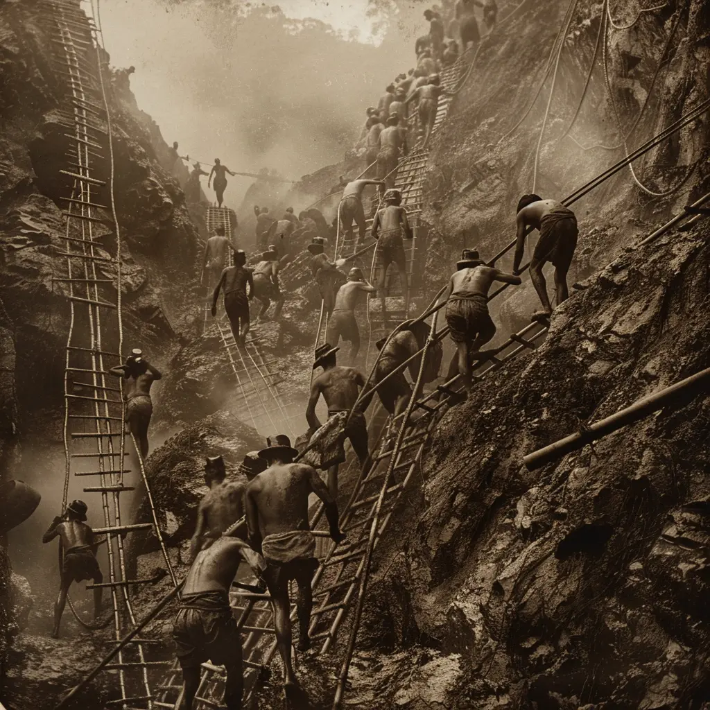 Men laboring in a steep, narrow gorge, a historical site in Phuket.