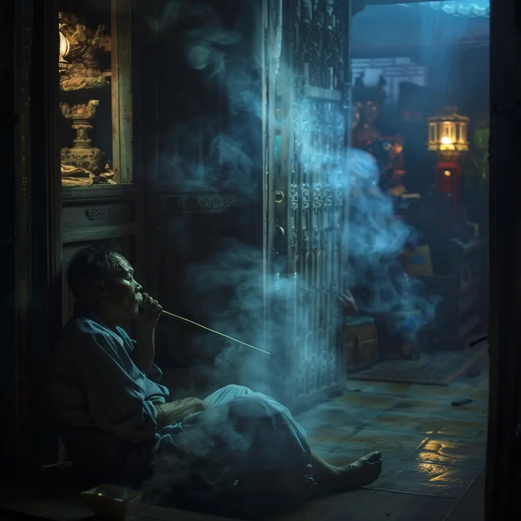 Elderly man smoking in a dimly lit, historic Phuket building.